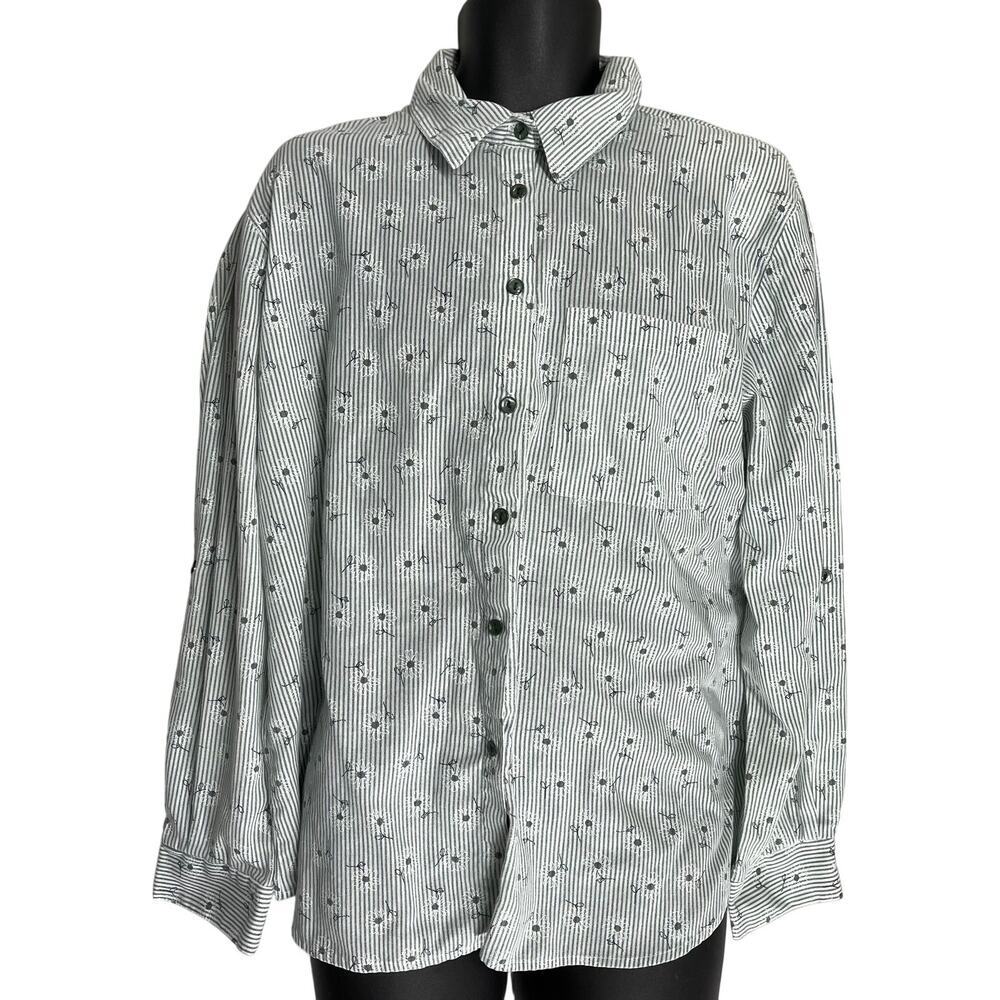 Tapestry Top XL Green White Floral Striped Button Up Long Sleeve Dainty Cottage